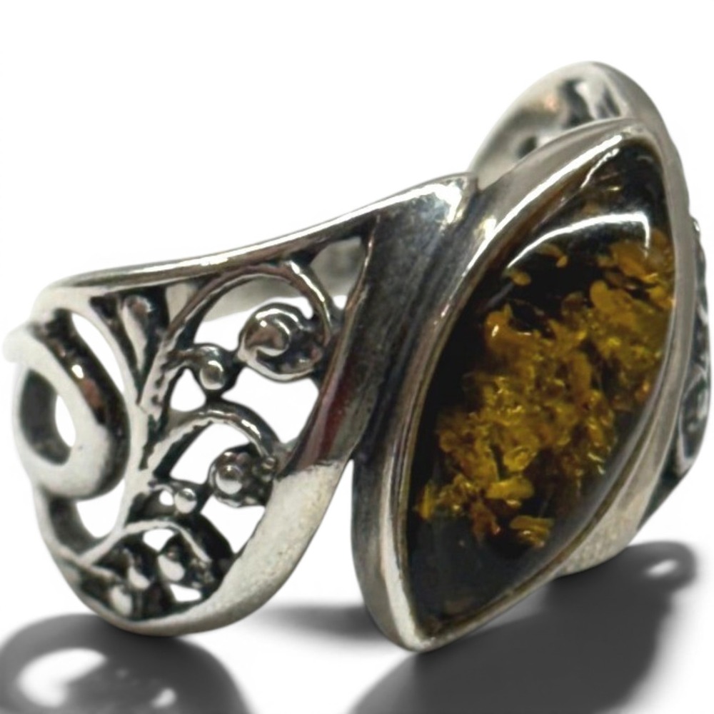 Vintage Green Amber Ring Womens 6 Excellent Sterling Silver Filigree Marquise